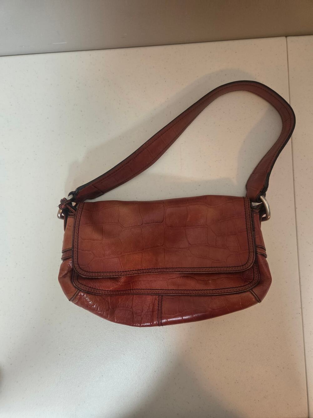 Vintage Fossil Baguette Style Crocodile Embossed Brown Leather Shoulder Bag